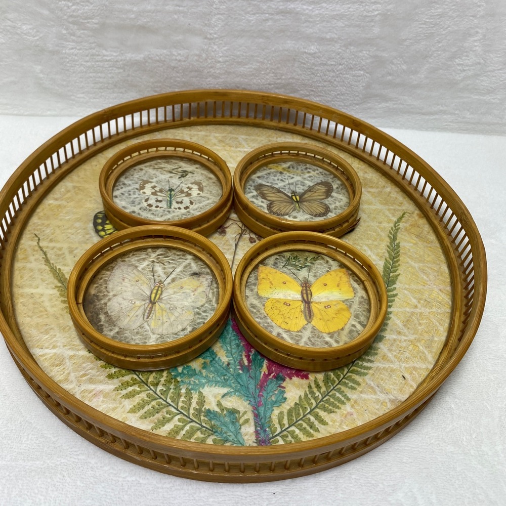 Everglades Vintage Butterfly Bamboo Tray 4‎ Coasters Set Home Decor Cottagecore